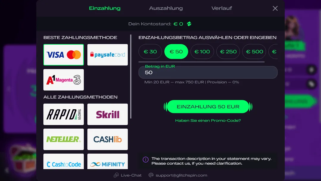 Einzahlungsfenster bei GlitchSpin Casino mit Magenta
