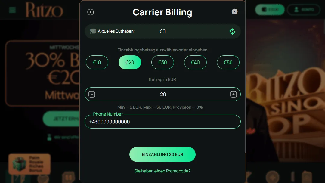 Einzahlung per Handyrechnung bei Ritzo Casino