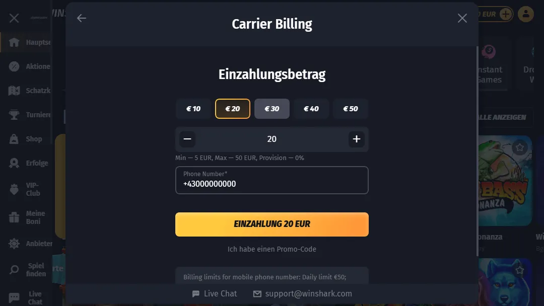 Screenshot der Einzahlung per Handyrechnung bei WinShark Casino