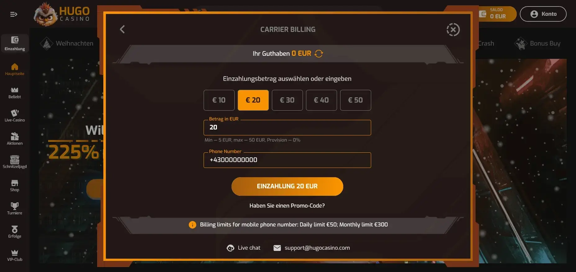 Screenshot der Einzahlung per Handyrechnung bei Hugo Casino