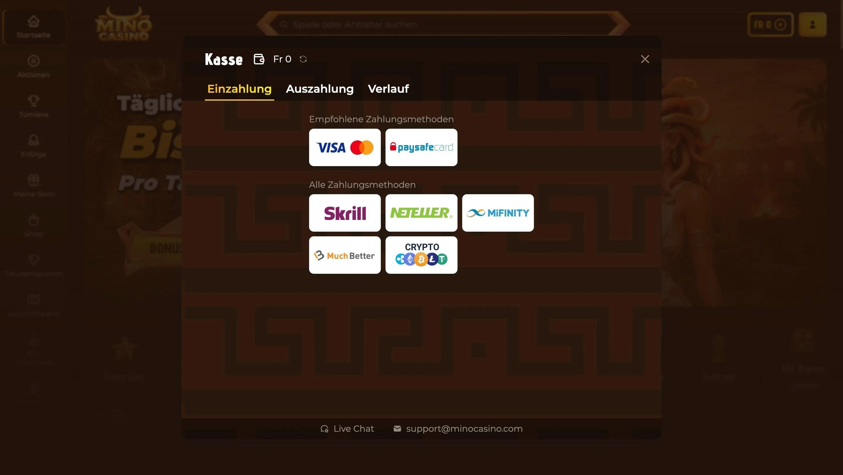 Screenshot der Einzahlung per Handyrechnung bei Mino Casino